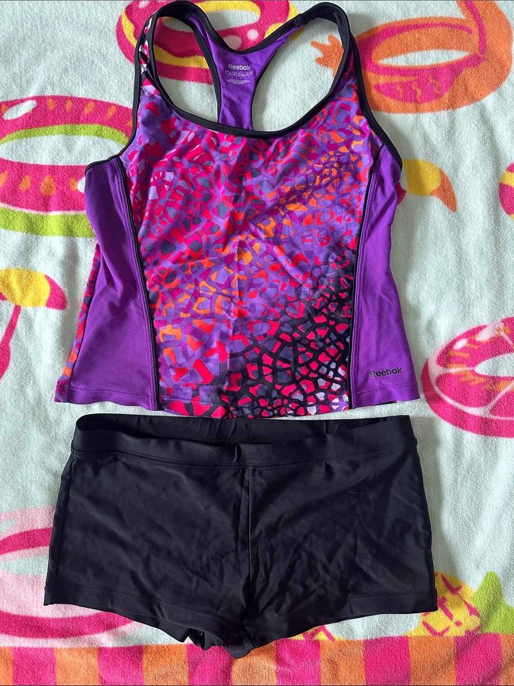 Reebok Purple & Pink Mosaic Racerback Swim Set with Black Shorts